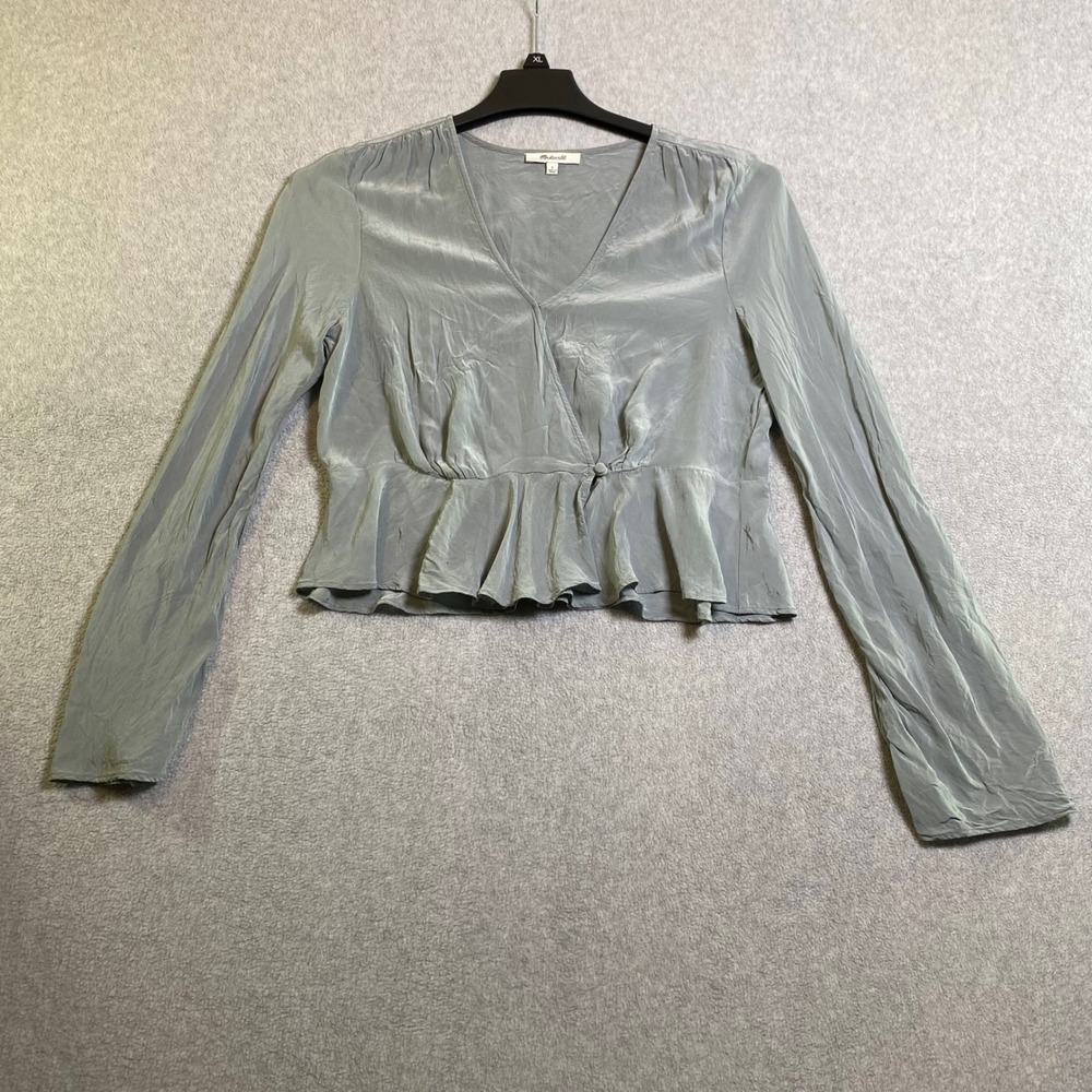 Madewell Faux Wrap Peplum Top Women's Size 6 Sage Green Long Sleeve V-Neck EUC